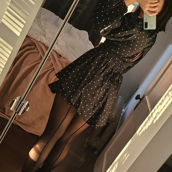 For Love & Lemons Black and Pink Polka Dot Long Sleeve Dress - Picture 7 of 7